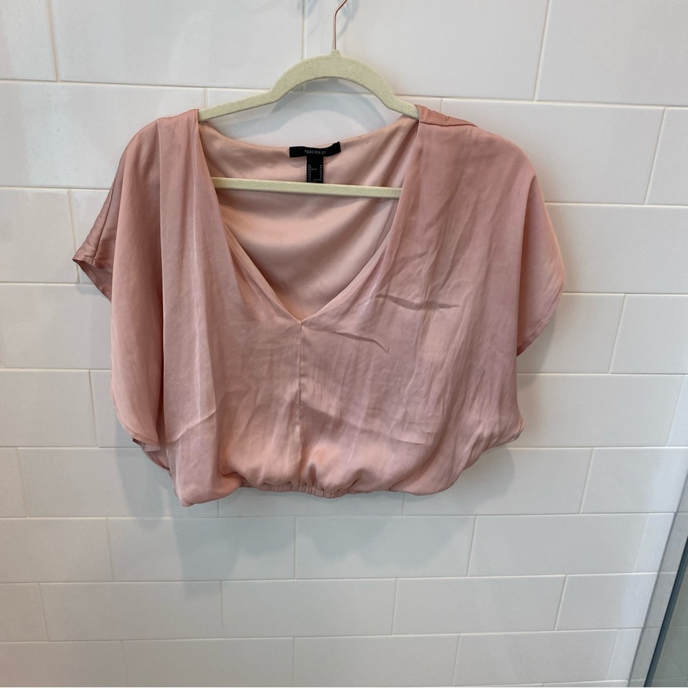 Satin pink butterfly sleeve cropped top